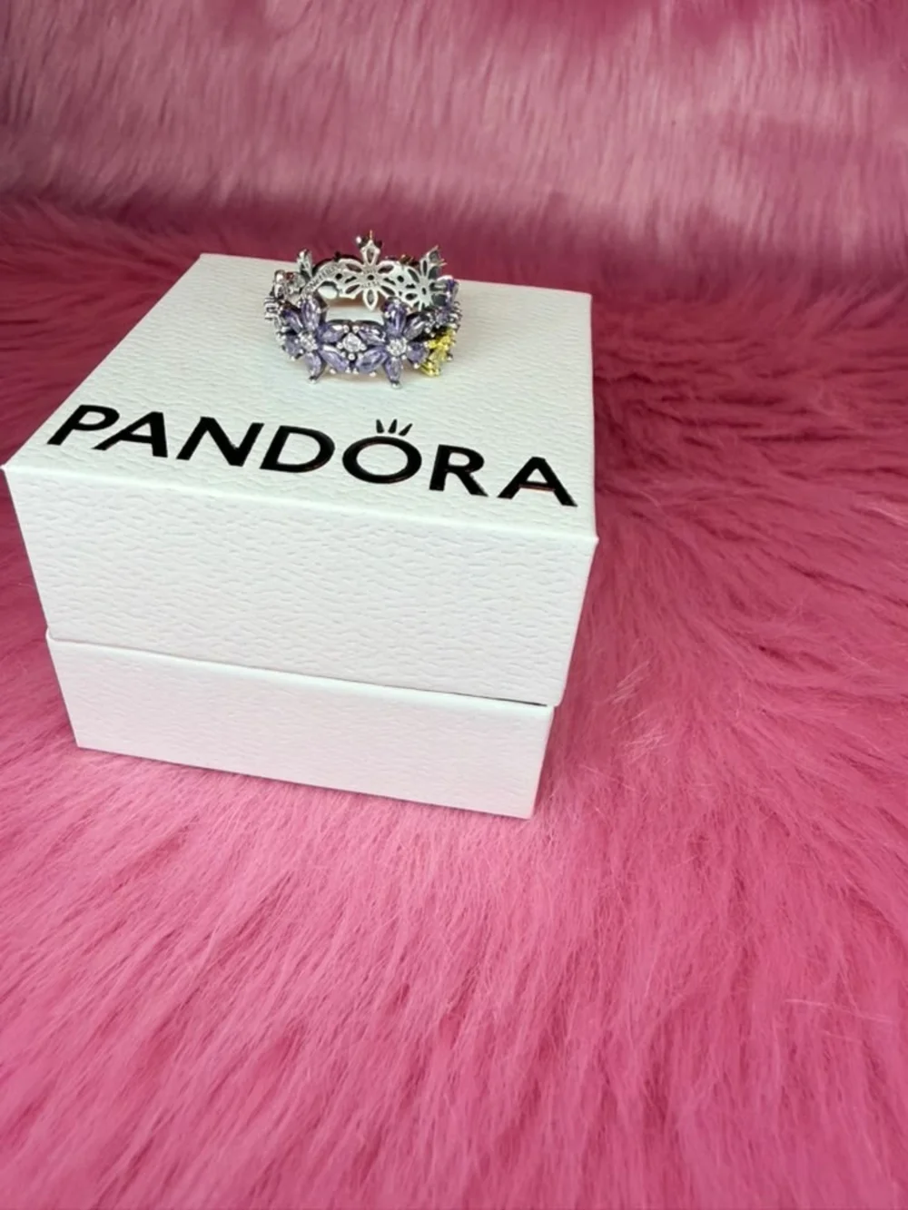 Pandora Silver Floral Crown Ring with Purple and Yellow Stones
